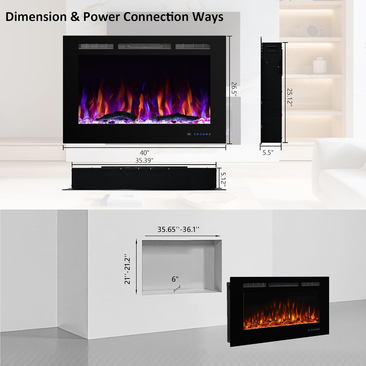 Electric Fireplace 40 Inch Wide 26.5" High, Wall-Mounted & Recessed Fireplace Inserts, Multicolor Flame W/5 Dimmer, Remote Control Thermostat, Timer, Hardwire Connect, 1500W,Black