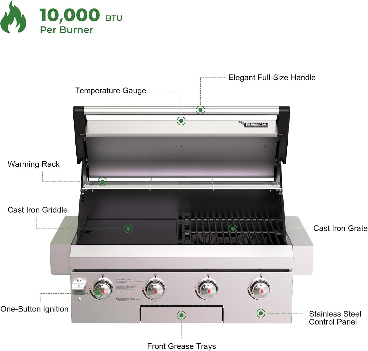 Brand-Man Built-In Gas Grill Head, 30-Inch 4-Burner Outdoor Kitchen Grill
