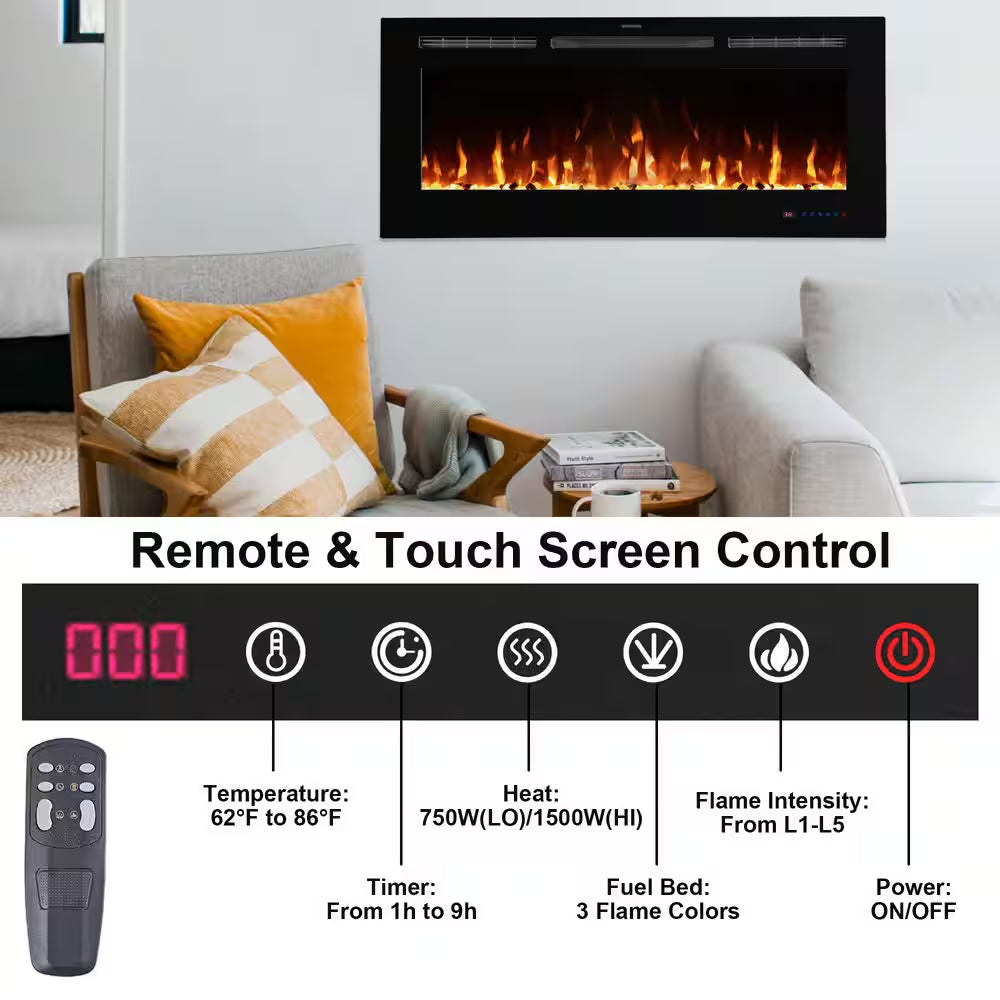 60 In. Wi-Fi Recessed and Wall Mounted Electric Fireplace Insert with Multicolor Flame and 5 Dimmer, Thermostat, Timer