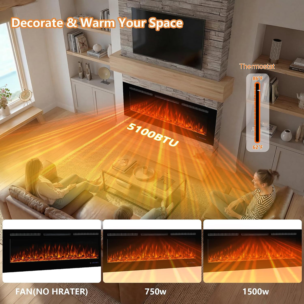 Electric Fireplace 40 Inch Wide 26.5" High, Wall-Mounted & Recessed Fireplace Inserts, Multicolor Flame W/5 Dimmer, Remote Control Thermostat, Timer, Hardwire Connect, 1500W,Black