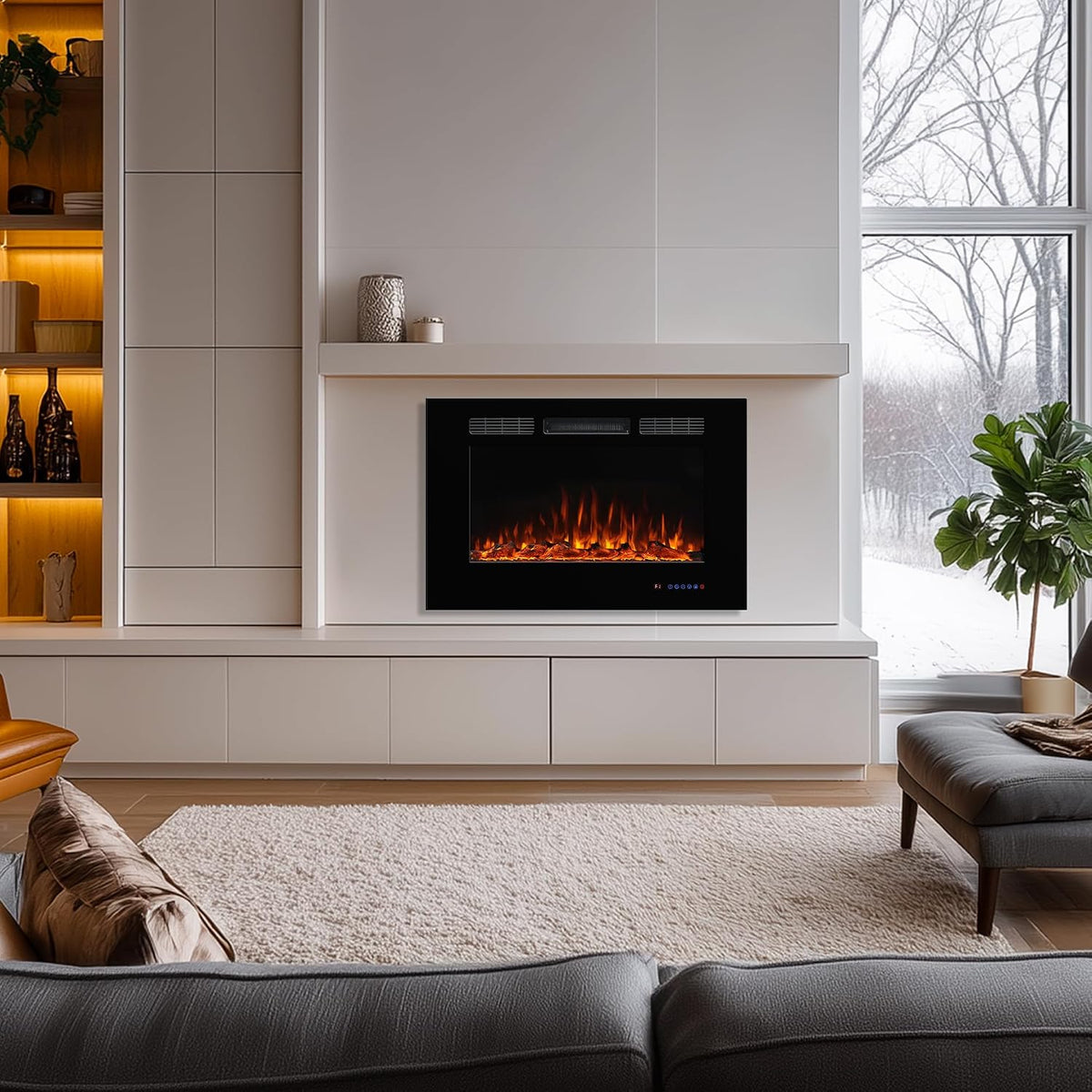 Electric Fireplace 40 Inch Wide 26.5" High, Wall-Mounted & Recessed Fireplace Inserts, Multicolor Flame W/5 Dimmer, Remote Control Thermostat, Timer, Hardwire Connect, 1500W,Black