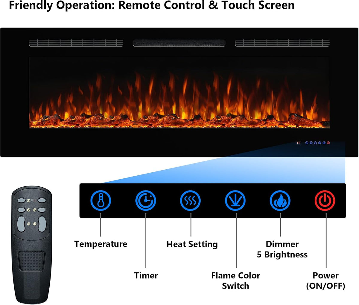 Electric Fireplace 40 Inch Wide 26.5" High, Wall-Mounted & Recessed Fireplace Inserts, Multicolor Flame W/5 Dimmer, Remote Control Thermostat, Timer, Hardwire Connect, 1500W,Black