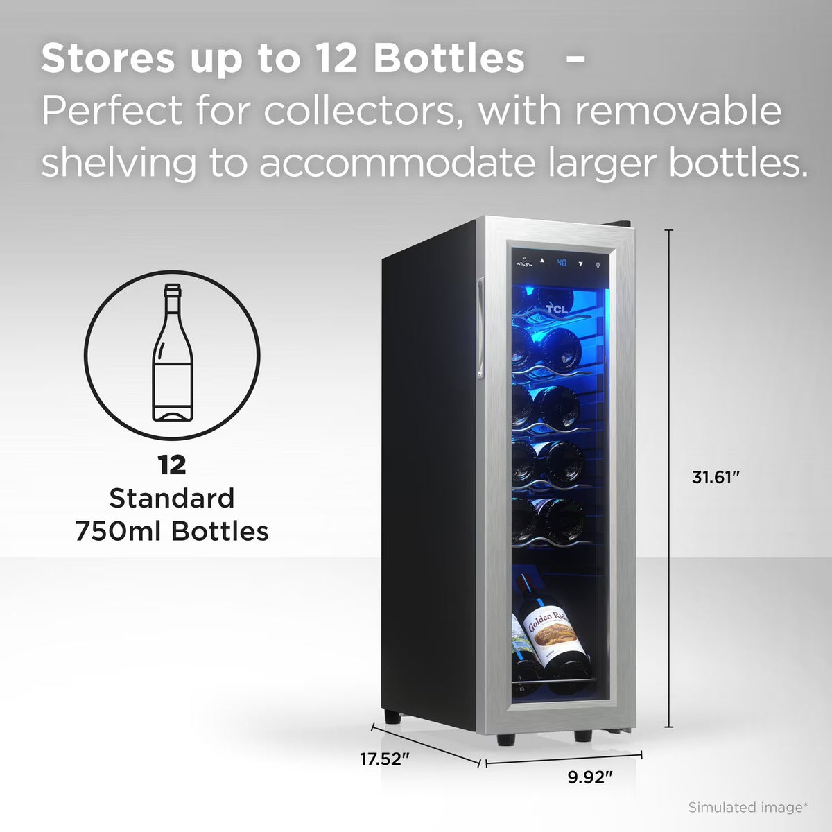 Stainless Steel Single Door 12 Bottle Wine Cooler for Kitchen, Bedroom & Office, 1.24 Cu. Ft.