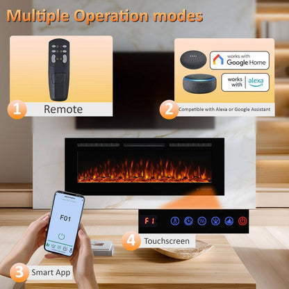 60 In. Wi-Fi Recessed and Wall Mounted Electric Fireplace Insert with Multicolor Flame and 5 Dimmer, Thermostat, Timer