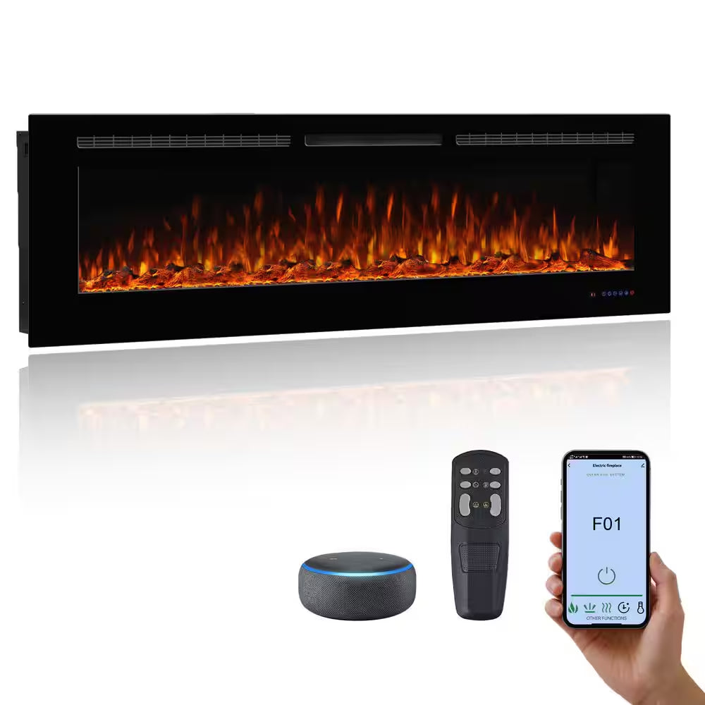 60 In. Wi-Fi Recessed and Wall Mounted Electric Fireplace Insert with Multicolor Flame and 5 Dimmer, Thermostat, Timer
