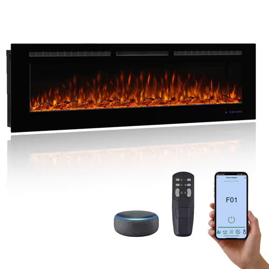 60 In. Wi-Fi Recessed and Wall Mounted Electric Fireplace Insert with Multicolor Flame and 5 Dimmer, Thermostat, Timer