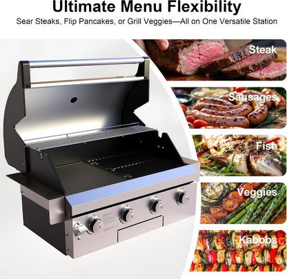 Brand-Man Built-In Gas Grill Head, 30-Inch 4-Burner Outdoor Kitchen Grill