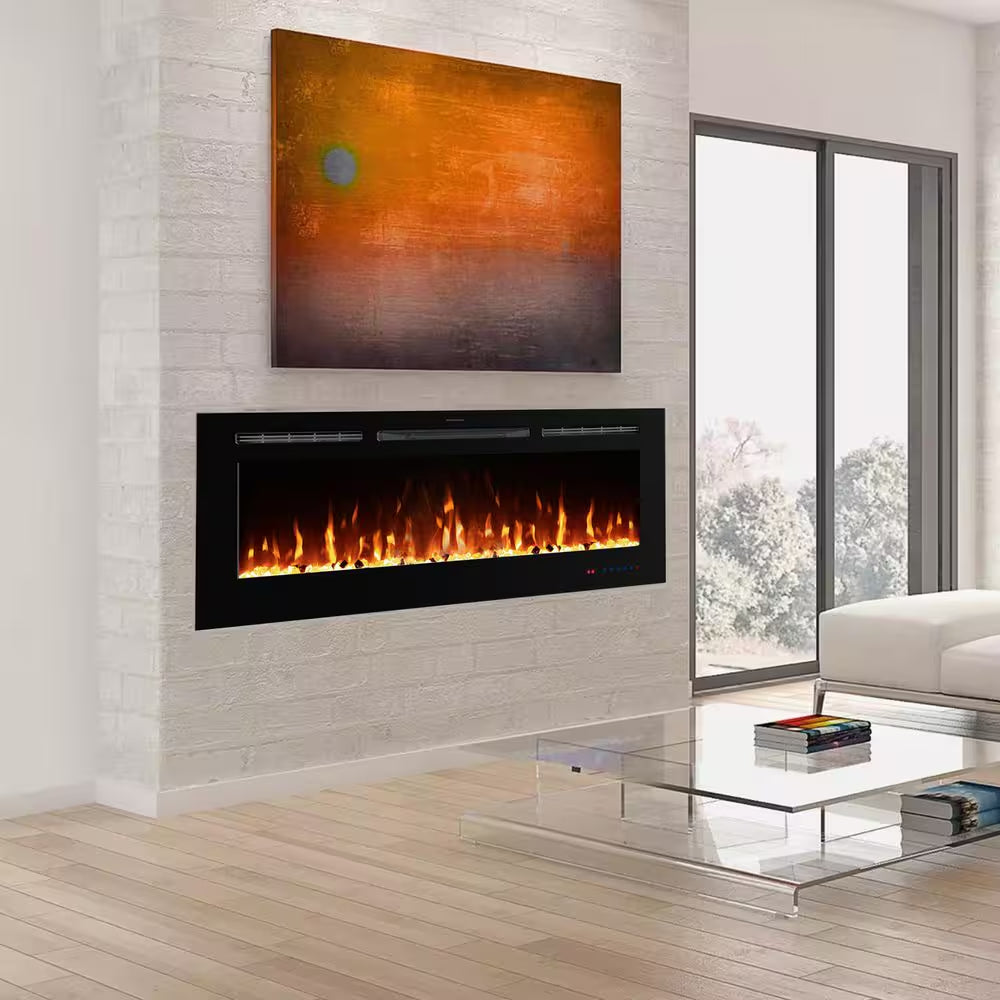 60 In. Wi-Fi Recessed and Wall Mounted Electric Fireplace Insert with Multicolor Flame and 5 Dimmer, Thermostat, Timer