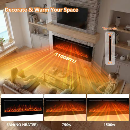60 In. Wi-Fi Recessed and Wall Mounted Electric Fireplace Insert with Multicolor Flame and 5 Dimmer, Thermostat, Timer