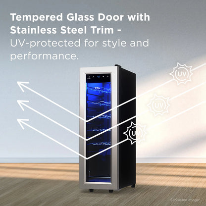 Stainless Steel Single Door 12 Bottle Wine Cooler for Kitchen, Bedroom & Office, 1.24 Cu. Ft.