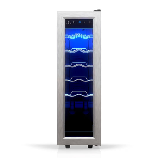 Stainless Steel Single Door 12 Bottle Wine Cooler for Kitchen, Bedroom & Office, 1.24 Cu. Ft.