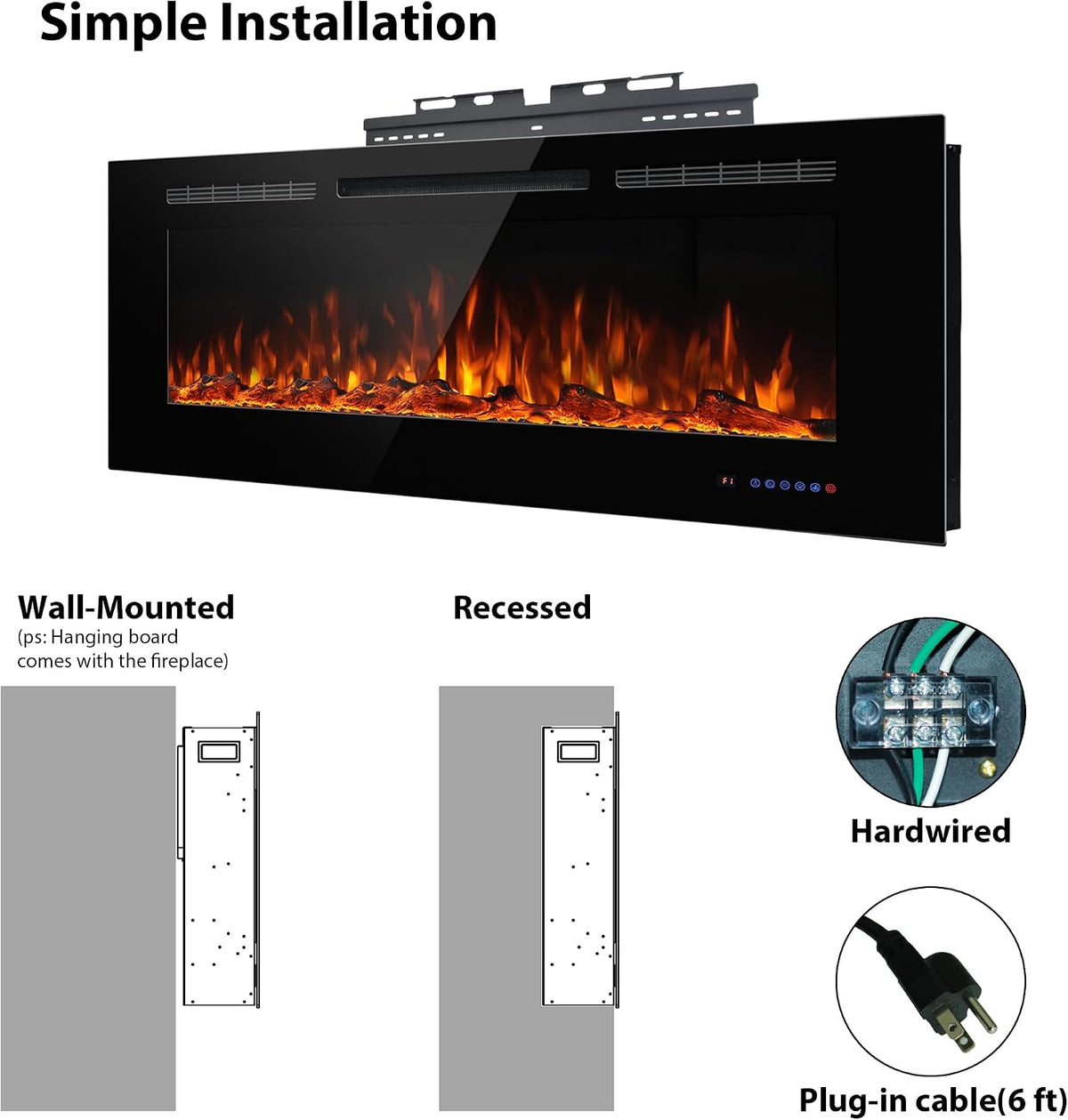 Electric Fireplace 40 Inch Wide 26.5" High, Wall-Mounted & Recessed Fireplace Inserts, Multicolor Flame W/5 Dimmer, Remote Control Thermostat, Timer, Hardwire Connect, 1500W,Black