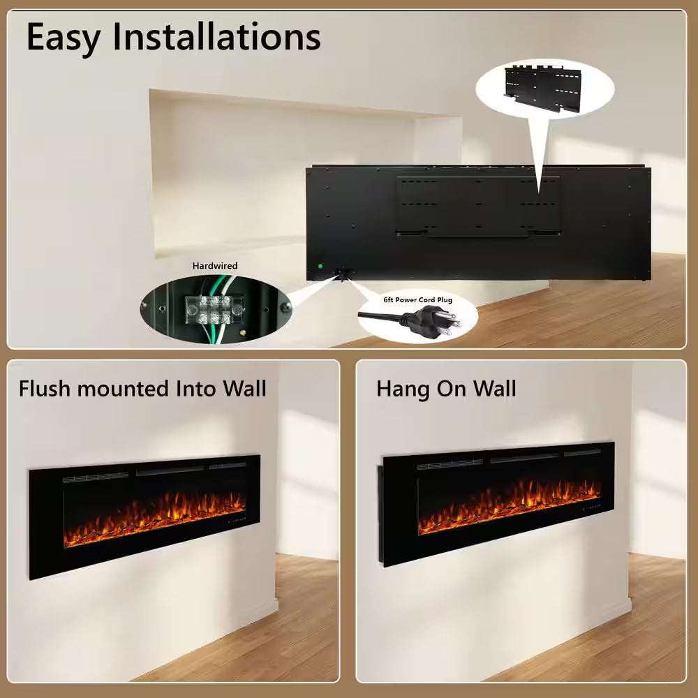 60 In. Wi-Fi Recessed and Wall Mounted Electric Fireplace Insert with Multicolor Flame and 5 Dimmer, Thermostat, Timer