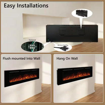 60 In. Wi-Fi Recessed and Wall Mounted Electric Fireplace Insert with Multicolor Flame and 5 Dimmer, Thermostat, Timer