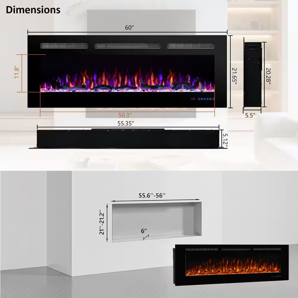 60 In. Wi-Fi Recessed and Wall Mounted Electric Fireplace Insert with Multicolor Flame and 5 Dimmer, Thermostat, Timer