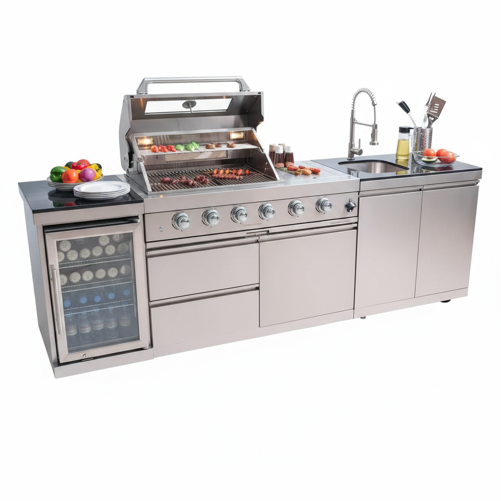 Modular Outdoor Kitchen BBQ Island, 104" Outdoor Kitchen Propane Gas Island Grill with Sink, Compact Refrigerator, Storage Cabinets, Rotisserie Kit (Silver, 104")