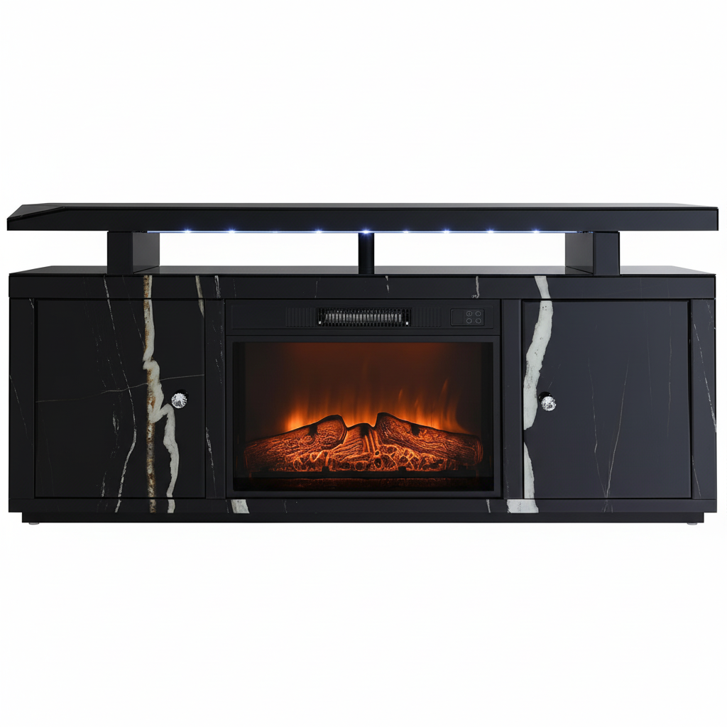 Drisana Rectangular TV Stand with Fireplace in Black Mirrored