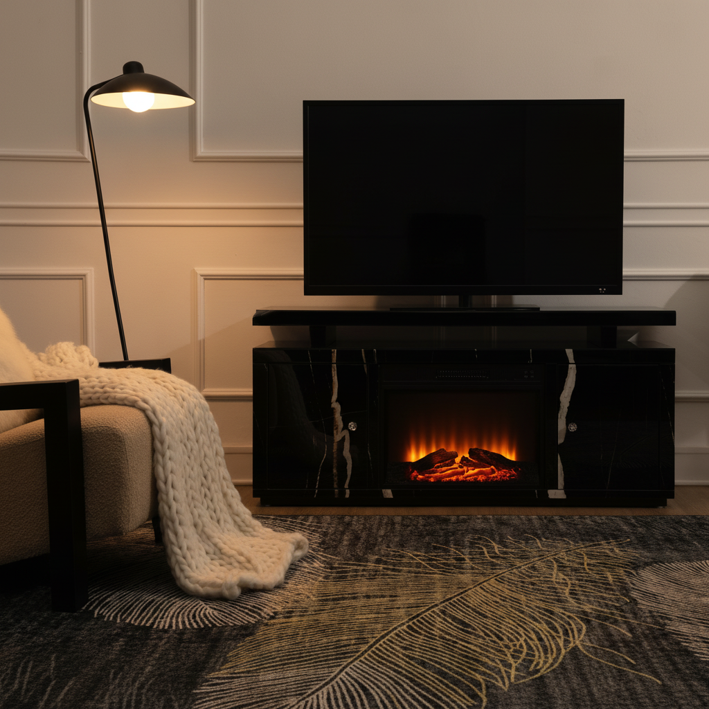 Drisana Rectangular TV Stand with Fireplace in Black Mirrored